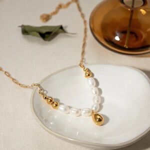 18K Gold Plated White Pearl Gold Bead Necklace